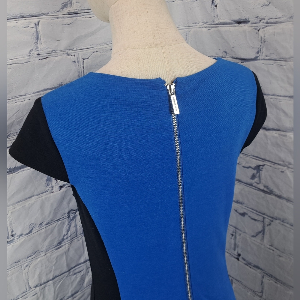 Michael Kors Cap Sleeve V-Neck Sheath Dress Midi Black and Blue Poly Rayon 2 US - Picture 11 of 16